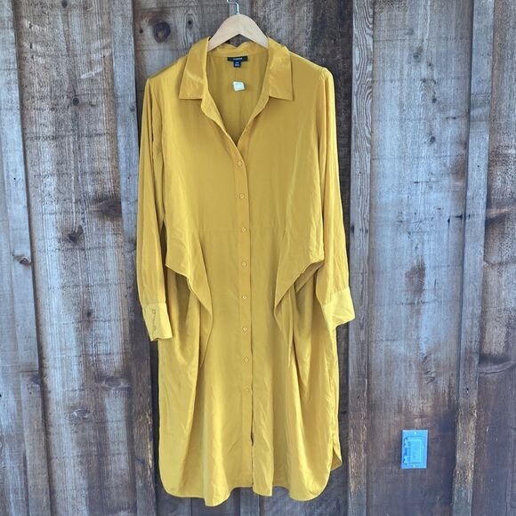 Alfani Plus Button Front Wrap Tie Long Sleeve Midi Shirt Dress- Mustard - Picture 2 of 13